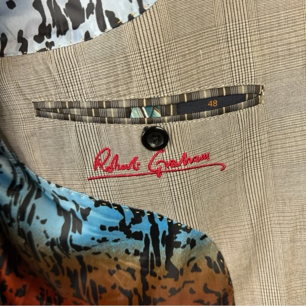 Robert Graham Gray Microstripe 100% Cotton Signature Lining Blazer Size 48